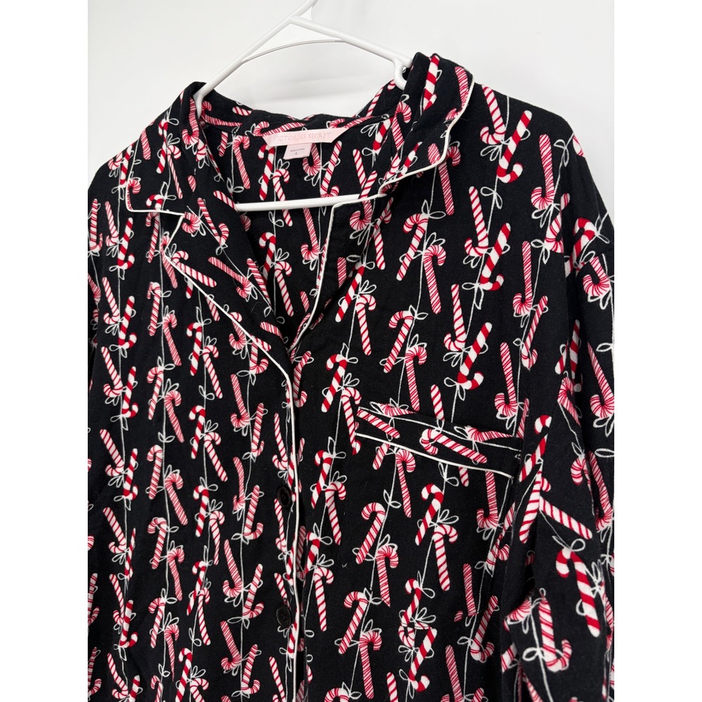 Victoria's Secret Pajama Top Womens L Black Candy Cane Cotton Button Front